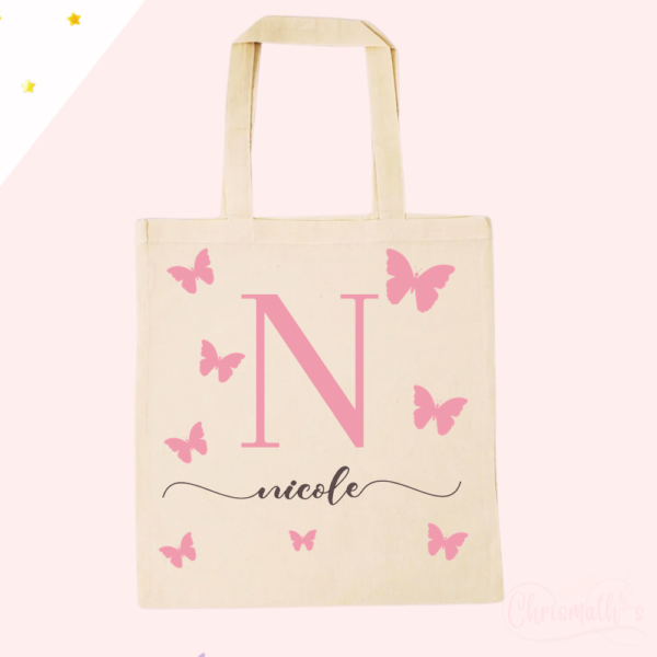 Tote Bag Natural personalizada Inicial y Nombre con Mariposas