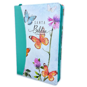 Biblia floral/mariposas turquesa con índice y canto floral con Cierre Letra Grande 12 puntos RV1960 imit. piel