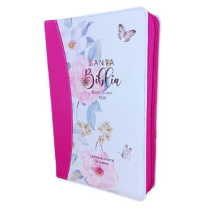 Biblia floral mariposas fucsia y blanco floral con índice  Letra Gigante Manual 14 puntos RV1960 imit piel con Cierre.